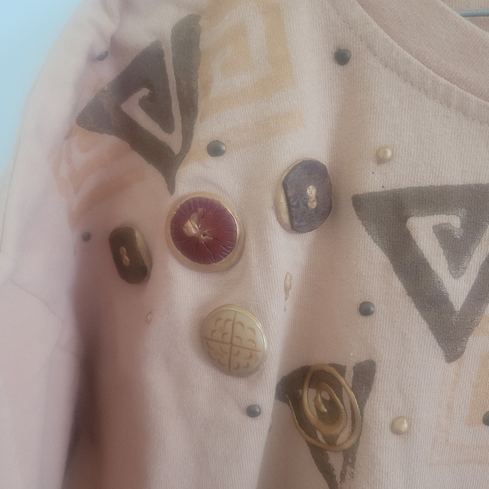 Vintage 90s Cesucci Hand Painted Embellished Tee Tan Brown Geometric Art Shirt - Picture 6 of 10
